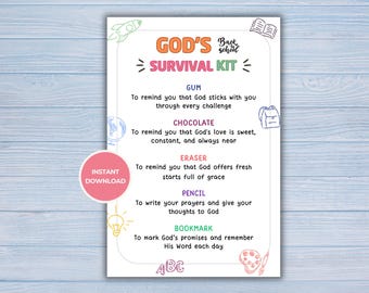 Goden terug naar school Survival Kit, God Christian Survival Kit, afdrukbare First Day of School-tag, rugzakzegening, religieuze tag