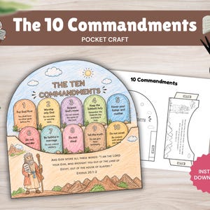May include: A paper craft project titled The Ten Commandments featuring a colored illustration of Moses and ten stone tablets with text. Beside it is a black and white printable template, a pair of black scissors, and colored pencils.