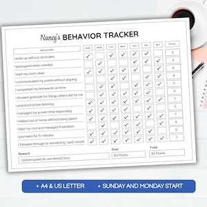 以下が含まれることがあります： 「Nancy's BEHAVIOR TRACKER」と題された、週の各曜日のチェックボックスが付いた印刷された行動トラッカー。トラッカーには行動のリストと報酬セクションが含まれています。「A4 & US LETTER」と「SUNDAY AND MONDAY START」の文字も表示されています。