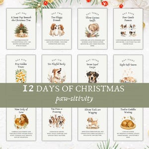Peut inclure: Un ensemble de douze cartes illustrées sur le thème de Noël avec des chiens. Chaque carte présente une race de chien ou une scène différente, avec du texte tel que "12 Days of Christmas" et "paw-sitivity". Les cartes sont sur fond blanc.