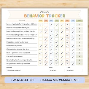 May include: A printable behavior tracker with the title "Oliver's Behavior Tracker" in colorful letters. The tracker includes a grid for daily tracking of behaviors, with check boxes for each day of the week. The reward is a trip to the museum.