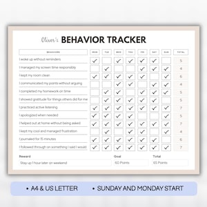 Könnte beinhalten: Ein beigefarbener Verhaltenstracker mit dem Titel "Oliver's BEHAVIOR TRACKER" mit einem hellbeigen Rand. Der Tracker enthält eine Liste von Verhaltensweisen, ein Kontrollkästchenraster für jeden Wochentag und eine Gesamtpunktzahl. Der Text "A4 & US LETTER" und "SUNDAY AND MONDAY START" stehen unten.