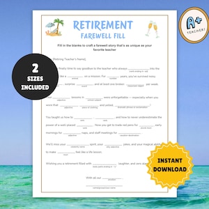 May include: A printable retirement farewell fill-in-the-blank card with a beach scene and a teacher's apple. The text reads "Retirement Farewell Fill" and "Fill in the blanks to craft a farewell story that's as unique as your favorite teacher".