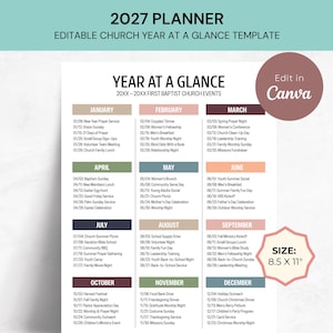 May include: A 2027 planner template titled Year at a Glance for First Baptist Church events. The document features a grid layout with months from January to December, each containing a list of specific dates and events. It measures 8.5 x 11 inches.
