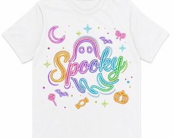 Spooky Halloween Shirt, Cute Boo Ghost T-Shirt, Kawaii Halloween Apparel, Rainbow Halloween Shirt, Kids Halloween Tee
