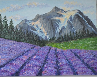 Pittura a olio originale. Montagne. Campo Lovandov. Alpi. Provenza. Fattoria di lavanda. Dipinto originale Oliynyi 6x8