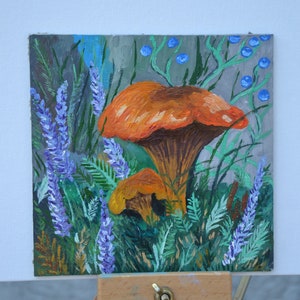 Impasto de pintura a óleo original. Pintura de cogumelo Chanterelle. Obra original do artista ucraniano