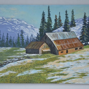 Pintura al óleo original. Una pequeña cabaña en las montañas Una pequeña cabaña en el bosque Hunter's Hut paisaje de montaña bosque de pinos