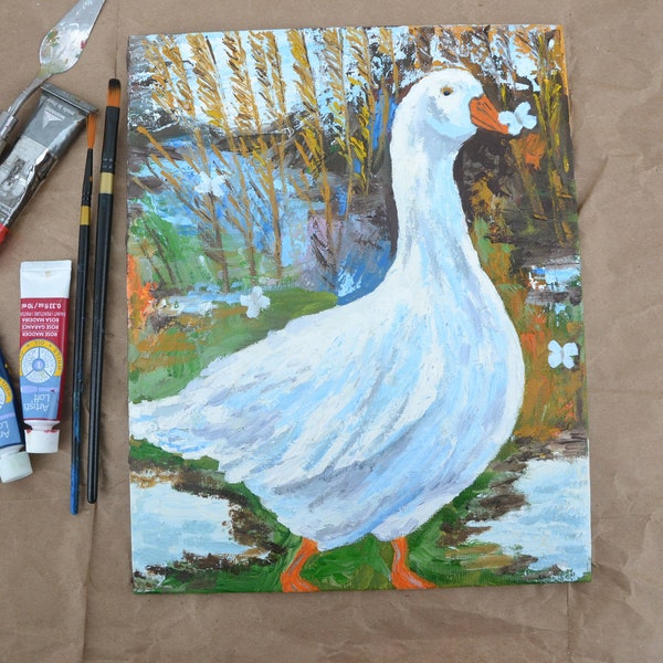 White goose Original Art Oil Painting.  Duck Art. Village House, Animals. Impasto. Original Bird Art. Farm animals oil painting. White Duck.