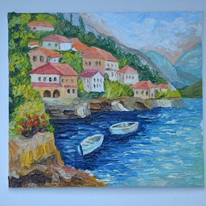 Original oil painting. Impast.  Amalfi Coast, Italy Oil painting Original art Amalfi Coast Seascape of Italy . Italian coast Cities Villages