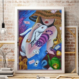 Pintura al óleo original. Alicia en el país de las maravillas Alicia y el conejo arte del país de las maravillas Decoración de la habitación de los niños