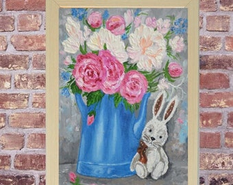 Original oil painting. Cute Rabbit. Baby rabbit. Floral Painting. Rabbit Art. rabbit, wall art. Tiny Cute Bunny with Flower Painting .