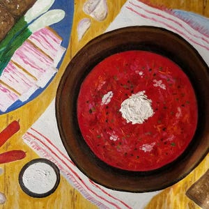 Bortsch, peinture à l'huile originale, peinture bortsch ukrainienne, peinture culinaire, art ukrainien, art mural alimentaire, symbole de nature morte ukrainienne Ukraine.