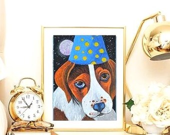 小さな女の子のオリジナル絵画、ビーグル犬のヴィンテージアート、動物