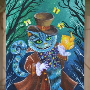 Peinture à l'huile originale. Tableau Le chat du Cheshire et son sourire Alice au pays des merveilles peinture à l'huile magie du pays des merveilles