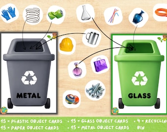 Juego de reciclaje imprimible para niños, actividad de clasificación del Día de la Tierra, aprendizaje preescolar