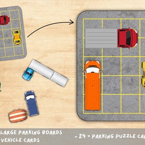Puede incluir: Un juego de rompecabezas de estacionamiento para niños con dos tableros de estacionamiento grandes, seis tarjetas de vehículos y veinticuatro tarjetas de rompecabezas de estacionamiento. Los tableros de estacionamiento presentan una cuadrícula con coches de juguete coloridos.