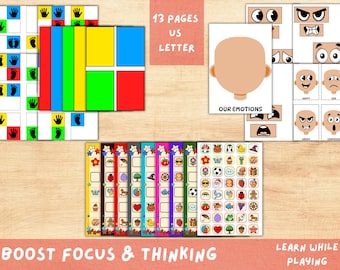 Libro de actividades imprimible para niños pequeños: Habilidades cognitivas, asociación, patrones, emociones (descarga digital)