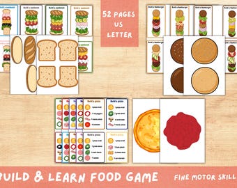 Libro de actividades para niños pequeños sobre comida: juego para construir pizzas, hamburguesas y sándwiches (descarga digital).