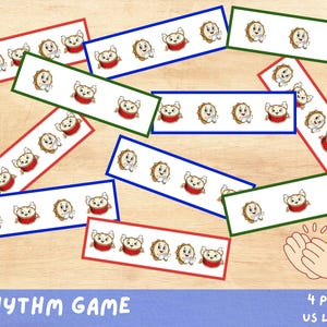 以下が含まれることがあります： 漫画の太鼓のイラストが描かれた、カラフルなリズムゲームカード。各カードには異なるパターンの太鼓が描かれており、赤、青、緑で縁取られています。「Rhythm Game」と「4 Pages US Letter」の文字も表示されています。