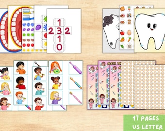 Actividades imprimibles para niños sobre salud dental: tabla de cepillado dental, juego de emparejamiento