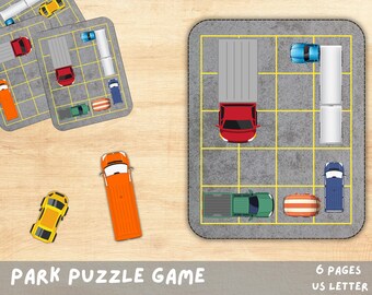 Rompecabezas de estacionamiento imprimible para niños, juego de lógica, actividad cerebral para estacionar autos.