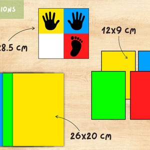 Puede incluir: Piezas de juego educativas coloridas. Incluye cuadrados en rojo, azul, verde y amarillo, con huellas de manos y pies. Las dimensiones son 8,5x8,5 cm, 12x9 cm y 26x20 cm.