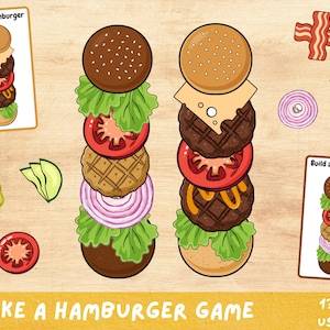 Puede incluir: Ilustración colorida del juego "Make a Hamburger" con ingredientes de hamburguesa: panecillos, hamburguesas, lechuga, tomate, cebolla, queso y tocino. Dos tarjetas muestran hamburguesas ensambladas. El texto "MAKE A HAMBURGER GAME" y "13 PAGES US LETTER" son visibles.