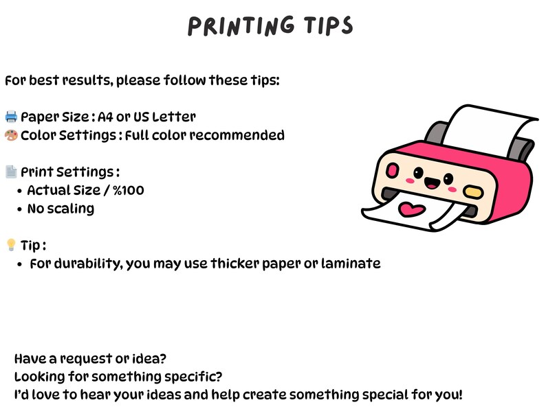 Puede incluir: Ilustraci&oacute;n de dibujos animados con el texto "CONSEJOS DE IMPRESI&Oacute;N". Incluye una impresora rosa con una cara sonriente, imprimiendo un papel con un coraz&oacute;n. El texto proporciona consejos de impresi&oacute;n, incluyendo el tama&ntilde;o del papel, la configuraci&oacute;n de color y la configuraci&oacute;n de impresi&oacute;n.