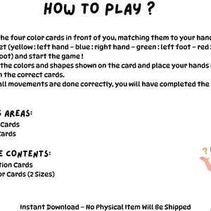 Puede incluir: Fondo blanco con texto negro que explica las reglas de un juego, titulado &laquo;&iquest;C&Oacute;MO JUGAR?&raquo;. La imagen incluye un ni&ntilde;o de dibujos animados con signos de interrogaci&oacute;n. El texto describe c&oacute;mo jugar con cartas de colores.