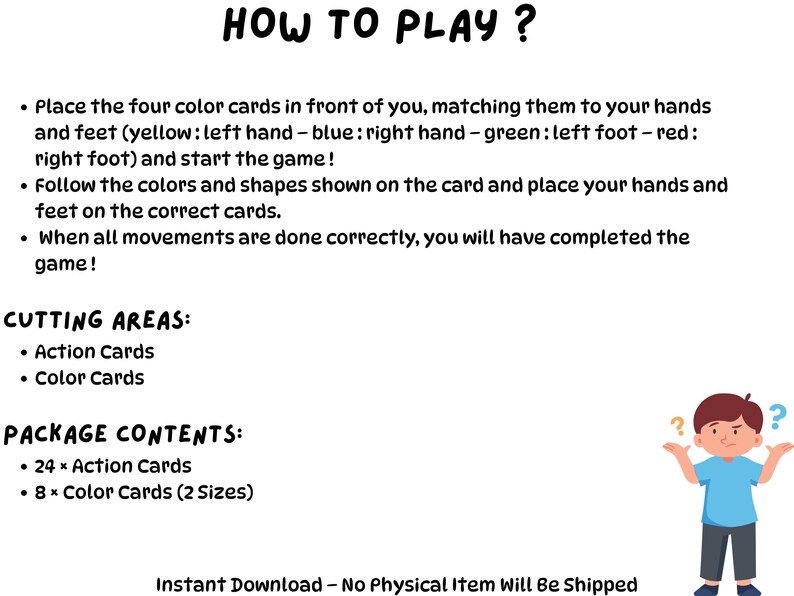 Puede incluir: Fondo blanco con texto negro que explica las reglas de un juego, titulado &laquo;&iquest;C&Oacute;MO JUGAR?&raquo;. La imagen incluye un ni&ntilde;o de dibujos animados con signos de interrogaci&oacute;n. El texto describe c&oacute;mo jugar con cartas de colores.