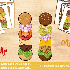 May include: A wooden surface displays a hamburger-themed game with cards and illustrated burger components. Two stacked burgers show ingredients like buns, lettuce, tomato, cheese, and onions. Text on the cards reads "Build a Hamburger". The text at the bottom says "12 x Hamburger Menu Cards", "13 x Hamburger Ingredients", and "2 x Hamburger Bun Varieties".