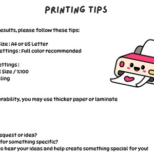 Puede incluir: Ilustraci&oacute;n de dibujos animados con el texto "CONSEJOS DE IMPRESI&Oacute;N". Incluye una impresora rosa con una cara sonriente, imprimiendo un papel con un coraz&oacute;n. El texto proporciona consejos de impresi&oacute;n, incluyendo el tama&ntilde;o del papel, la configuraci&oacute;n de color y la configuraci&oacute;n de impresi&oacute;n.