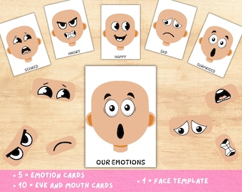 Tarjetas de emociones para niños, juego imprimible para construir caras y combinar sentimientos.