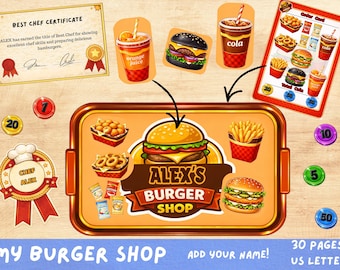 Juego imprimible personalizado de hamburguesería para niños: juego de rol de restaurante.