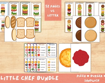Imprimibles de juego dramático para preescolar: juegos de comida con pizza, hamburguesa y sándwich