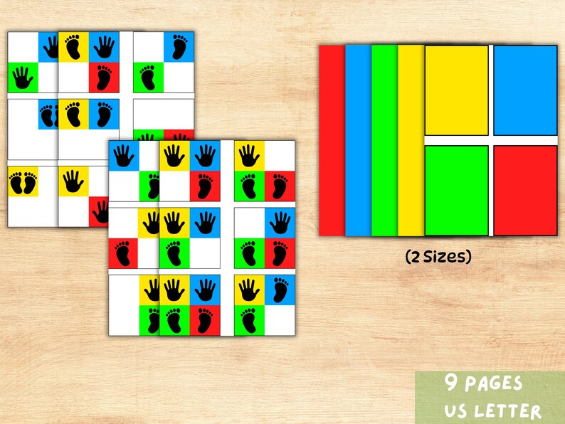Puede incluir: Hojas de juego educativas coloridas con huellas de manos y pies en cuadrados rojos, verdes, azules y amarillos. La imagen tambi&eacute;n muestra una pila de hojas rectangulares coloridas y el texto "(2 Sizes)" y "9 pages US Letter".