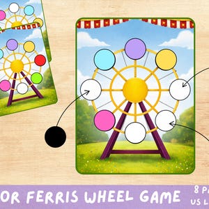 May include: A color Ferris wheel game featuring a yellow wheel structure with various colored circles on a green field background. The game includes eight pages in US letter size, with arrows pointing from separate colored circles to the wheel.