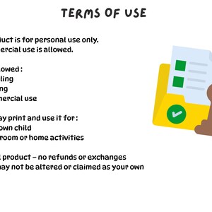 Puede incluir: Una imagen con el texto "T&Eacute;RMINOS DE USO" y un icono de carpeta amarilla con una marca de verificaci&oacute;n. El texto indica que el producto es solo para uso personal, sin uso comercial permitido. Enumera lo que no est&aacute; permitido y lo que est&aacute; permitido.