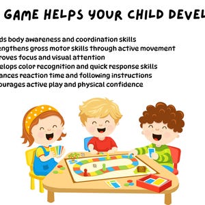 Puede incluir: Ilustraci&oacute;n de tres ni&ntilde;os jugando a un juego de mesa. El texto en la parte superior dice: "THIS GAME HELPS YOUR CHILD DEVELOP:" seguido de una lista de beneficios. El tablero es colorido y los ni&ntilde;os sonr&iacute;en.