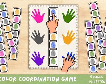 Juego de coordinación de colores para niños: actividad imprimible de emparejamiento de dedos para preescolares y desarrollo de la motricidad fina (PDF).