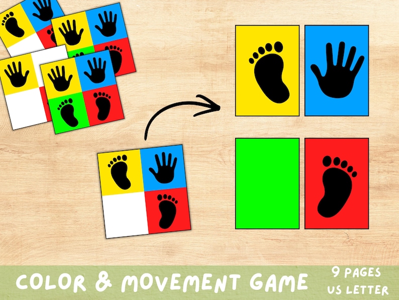 Puede incluir: Un juego educativo colorido con cuadrados que muestran huellas de manos y pies negras sobre fondos amarillos, azules, rojos, verdes y blancos. El texto "COLOR & MOVEMENT GAME" es visible.