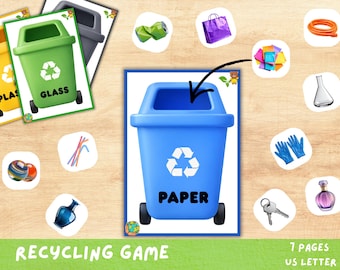 Actividad imprimible de clasificación de reciclaje para el Día de la Tierra, juego de reciclaje para niños, aprendizaje preescolar