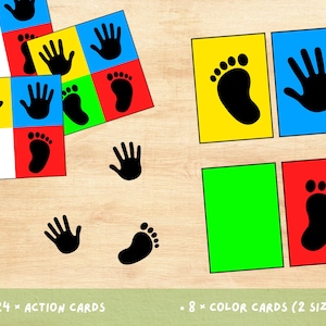 Puede incluir: Un conjunto de tarjetas coloridas con huellas de manos y pies, con el texto "24 x ACTION CARDS" y "8 x COLOR CARDS (2 SIZES)". Las tarjetas son rojas, amarillas, azules y verdes, con contornos negros de manos y pies.