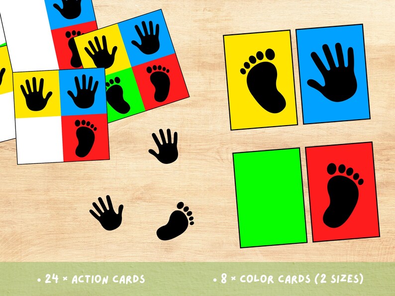 Puede incluir: Un conjunto de tarjetas coloridas con huellas de manos y pies, con el texto "24 x ACTION CARDS" y "8 x COLOR CARDS (2 SIZES)". Las tarjetas son rojas, amarillas, azules y verdes, con contornos negros de manos y pies.