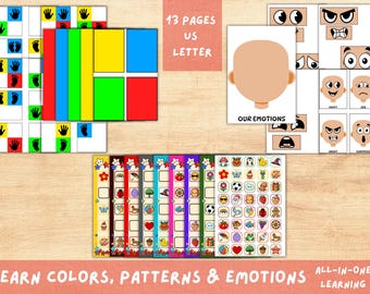 Actividades de aprendizaje temprano para niños pequeños, juego de colores, patrones y emociones, libro de actividades imprimible para preescolares.
