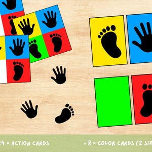 Puede incluir: Un conjunto de tarjetas coloridas con huellas de manos y pies, junto con recortes individuales de huellas de manos y pies. Las tarjetas son rojas, amarillas, azules y verdes. El texto en las tarjetas dice "24 x ACTION CARDS" y "8 x COLOR CARDS (2 SIZES)".