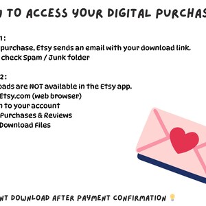 Puede incluir: Gu&iacute;a para acceder a tu compra digital en Etsy. Incluye instrucciones para descargar archivos y un recordatorio para revisar la carpeta de spam. Se muestra un sobre rosa con un coraz&oacute;n rojo.
