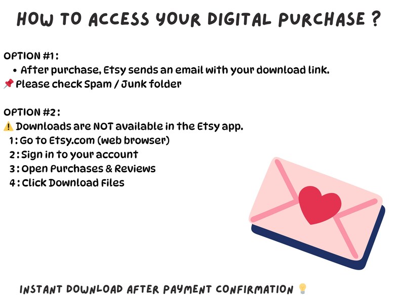 Puede incluir: Gu&iacute;a para acceder a tu compra digital en Etsy. Incluye instrucciones para descargar archivos y un recordatorio para revisar la carpeta de spam. Se muestra un sobre rosa con un coraz&oacute;n rojo.