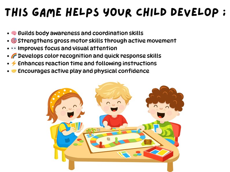 Puede incluir: Ilustraci&oacute;n de tres ni&ntilde;os jugando a un juego de mesa. El texto en la parte superior dice: "THIS GAME HELPS YOUR CHILD DEVELOP:" seguido de una lista de beneficios. El juego de mesa es colorido y los ni&ntilde;os sonr&iacute;en.